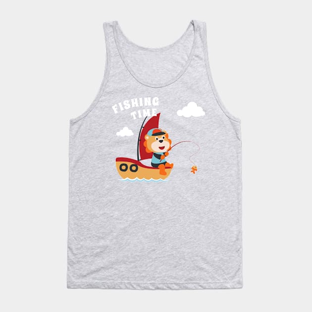 Vector cartoon illustration of cute lion fishing on sailboat with cartoon style. Tank Top by KIDS APPAREL